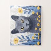 Puzzle Fleurs Jaunes Chat Bleu Russe (Vertical)