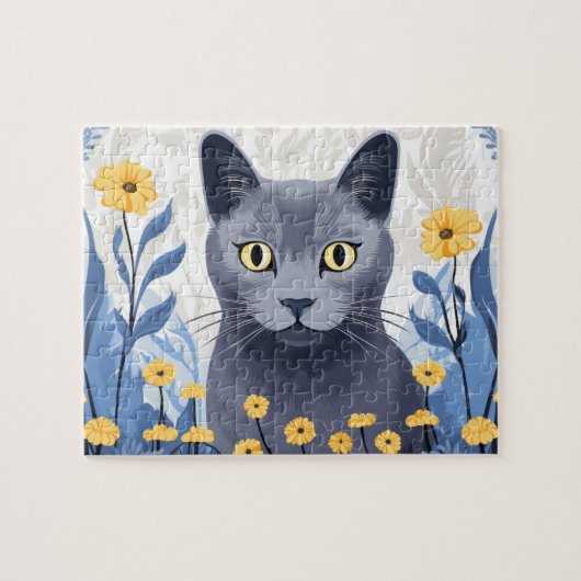 Puzzle Fleurs Jaunes Chat Bleu Russe (Horizontal)