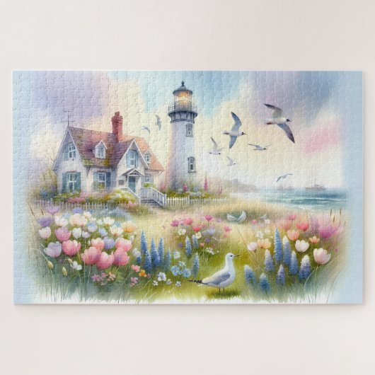 Puzzle Fleurs printanières au cottage côtier au phare (Horizontal)
