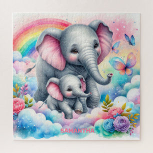 Puzzle Fleurs roses chaudes mignonette bébé éléphant et m