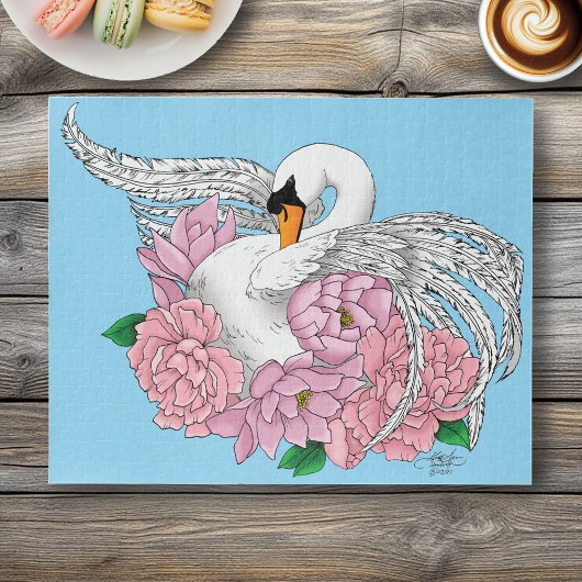 Puzzle Fleurs roses cygnes blanches