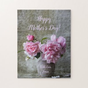Puzzle Fleurs Roses de pivoine rose Texte personnalisé Fl
