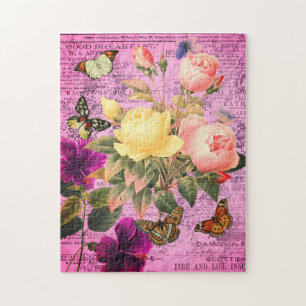 Puzzle Fleurs roses roses et jaunes et papillons colorés