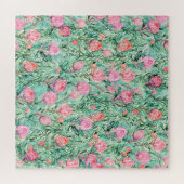 Puzzle Fleurs roses, vert sauge, sans soudure. (Horizontal)