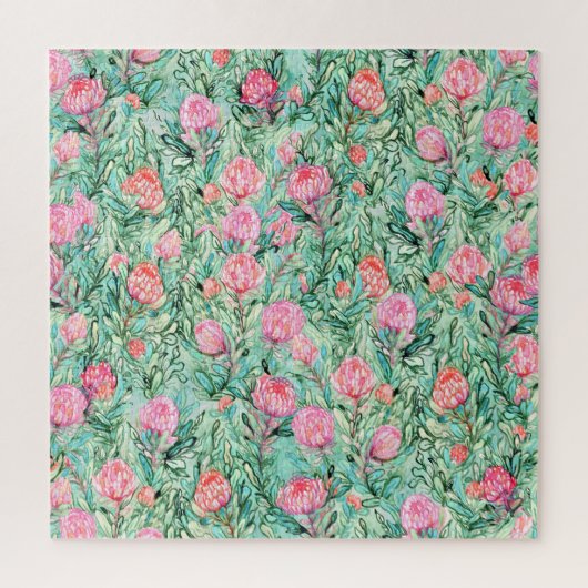 Puzzle Fleurs roses, vert sauge, sans soudure. (Vertical)