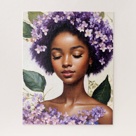 Puzzle Fleurs violettes de la fille noire Portrait botani (Vertical)