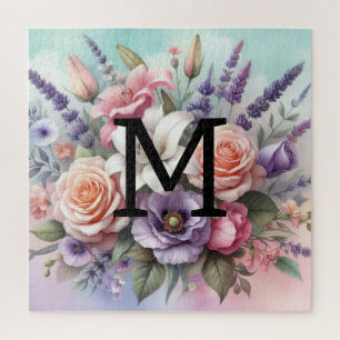 Puzzle Floral aquarelle monogramme rose fleurs violettes
