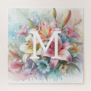 Puzzle Floral aquarelle monogramme rose lys fleurs