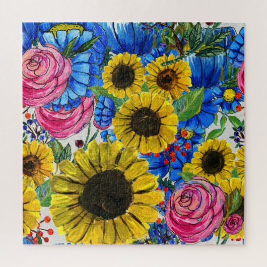 Puzzle Floral bleu jaune rose sans joint (Vertical)