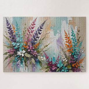 Puzzle Floral coloré sur Bleu Beige Blanc Lavande