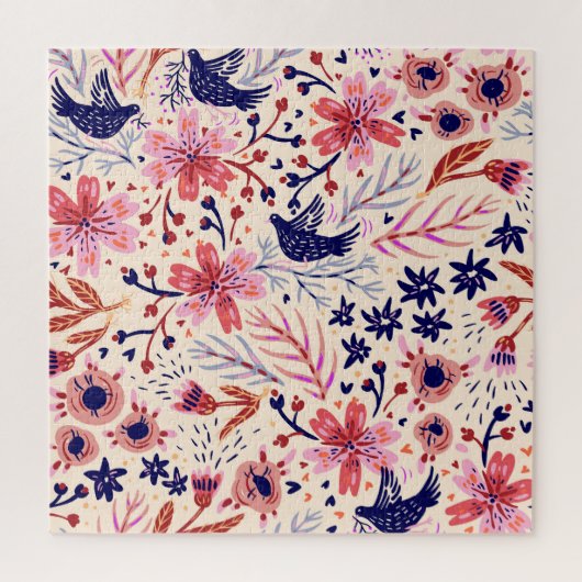 Puzzle Floral, oiseaux, motif vintage sans soudure. (Vertical)