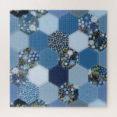 Puzzle Floral, patchwork de denim : motif bleu. (Horizontal)