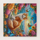 Puzzle Fluffy Chat assis dans un champ de fleurs (Horizontal)