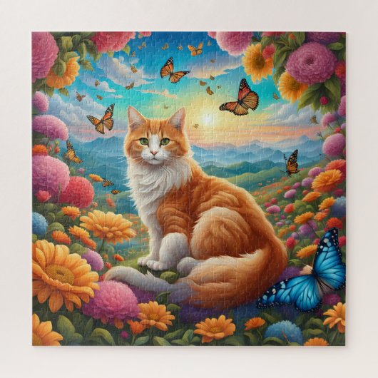 Puzzle Fluffy Chat assis dans un champ de fleurs (Vertical)