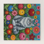Puzzle Fluffy Gray Striped Cat with Folk Art Flowers (Horizontal)