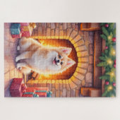 Puzzle Fluffy Pomeranian Cozy Christmas Fireplace Dog Art (Horizontal)