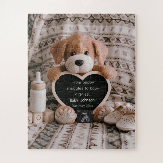 Puzzle Fluffy Puppy Baby boy et faire-part de grossesse (Vertical)