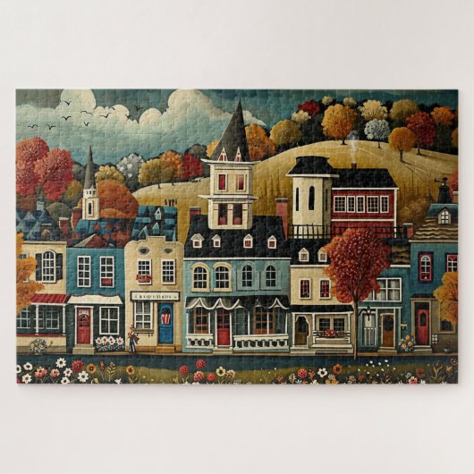Puzzle Folk Art rue de petite ville en automne (Horizontal)