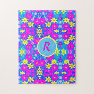 Puzzle Fond à motif de fleurs rose bleu jaune ajouter nom