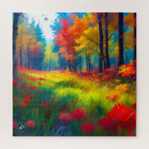 Puzzle Forêt avec des arbres et des fleurs colorés