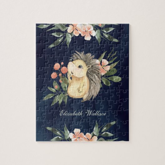 Puzzle Forêt de Bois Hérisson Mignon Bleu Marine Nom (Vertical)