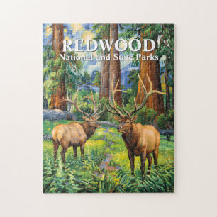 Puzzle Forêt de séquoias vintage rouge faune élans style