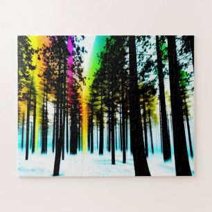 Puzzle Forêt de silhouette noire avec lumière arc-en-ciel
