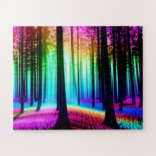 Puzzle Forêt enchantée arc-en-ciel avec silhouettes arbor