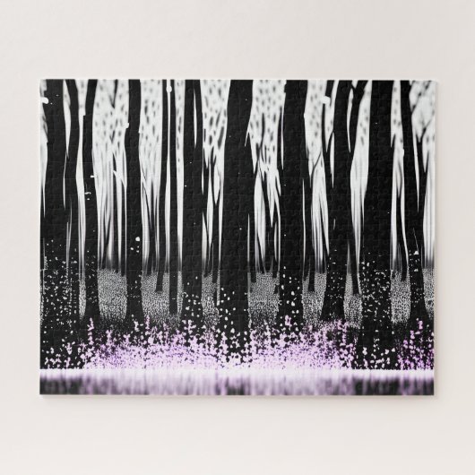 Puzzle Forêt noire et blanche mystique à fleurs violettes (Horizontal)