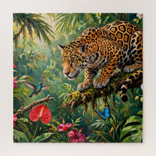 Puzzle Forêt tropicale Jaguar Colibris Papillons Fleurs