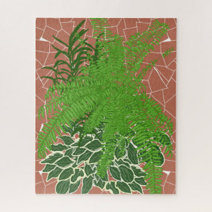 Puzzle Fougères vertes et hostas sur mosaïque de terre cu