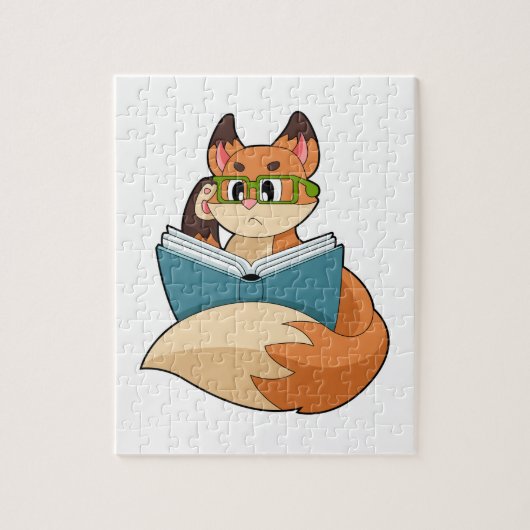 Puzzle Fox as nerd with Book & Glasses (Vertical)
