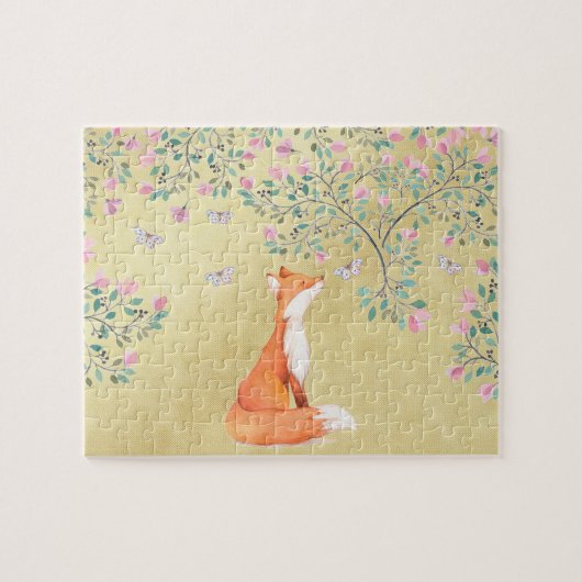 Puzzle Fox avec des papillons et des fleurs roses (Horizontal)