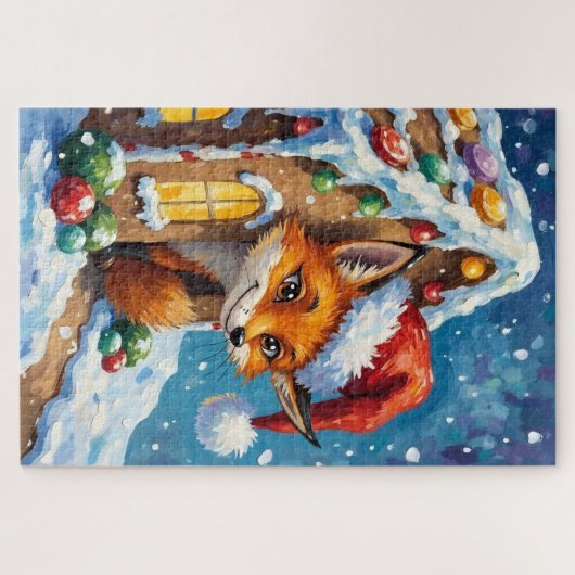 Puzzle Fox Peeking from Gingerbread House Hat (Horizontal)