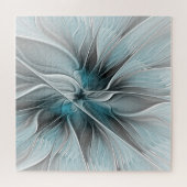 Puzzle Fractal Floral Moderne Abstrait Fleur Bleu Gris (Horizontal)