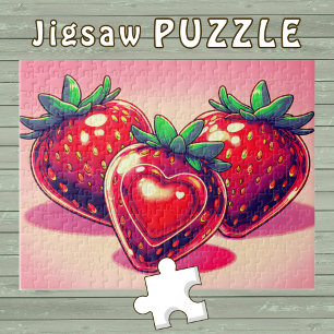 Puzzle Fraise rouge avec dessin mignon de cœur -