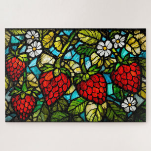 Puzzle Fraises, feuilles et fleurs en verre coloré