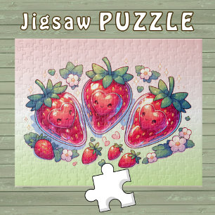 Puzzle Fraises Kawaii Mignonnes avec des cœurs souriants
