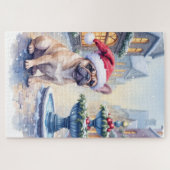 Puzzle French Bulldog Snowy Town Fountain Santa Christmas (Horizontal)