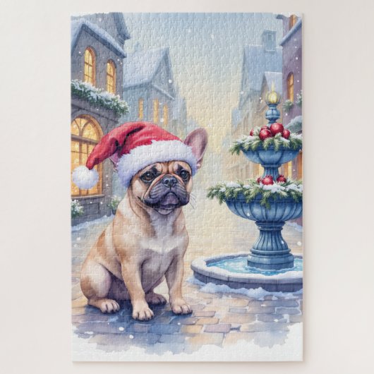 Puzzle French Bulldog Snowy Town Fountain Santa Christmas (Vertical)