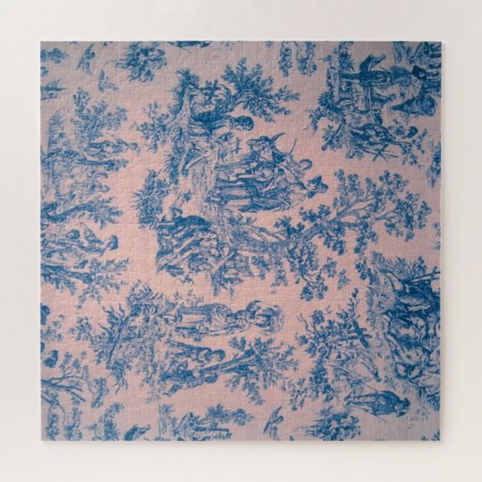 Puzzle French toile de jouy bleu et rose élégant (Horizontal)