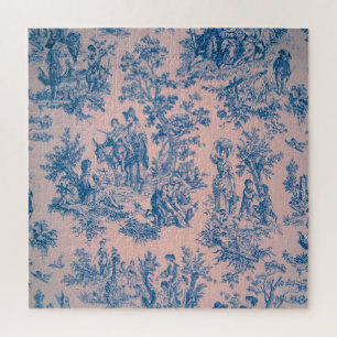 Puzzle French toile de jouy bleu et rose élégant