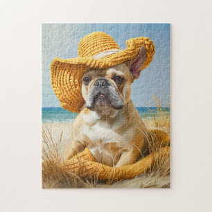 Puzzle Frenchie en chapeau de plage d'été