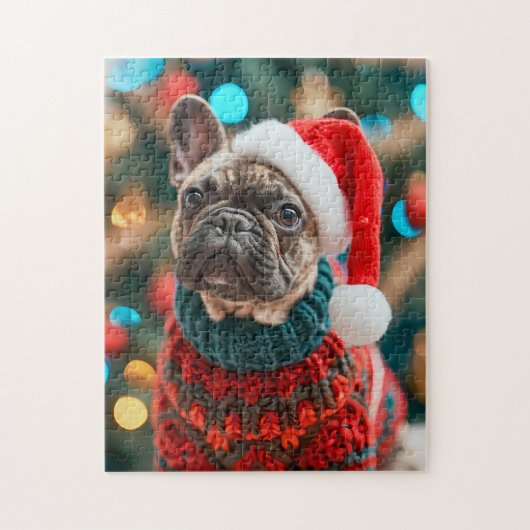 Puzzle Frenchie With Santa Hat Christmas Tree (Vertical)
