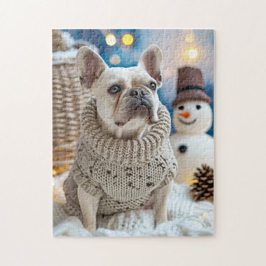 Puzzle Frenchie With Snowman Christmas (Vertical)