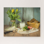 Puzzle Fromage rustique Pain Alimentation Tulipe Fleurs<br><div class="desc">Ce puzzles de puzzles de scie étonnant présente des tulipes jaunes, du fromage, du pain et du lait contre un arrière - plan rustique #nourriture #tulips #jigsawpuzzle #cadeaux #stockingstuffers</div>