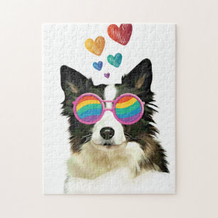 Puzzle Frontière Collie Chien avec Coeurs Saint-Valentin