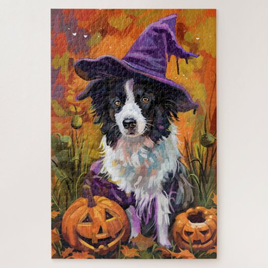 Puzzle Frontière éffrayante Collie Halloween Sorcière Et  (Vertical)