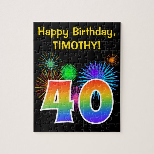 Puzzle Fun Fireworks + Rainbow Pattern "40" Birthday # (Vertical)