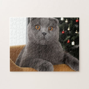 Puzzle Funny British Cat and christmas tree